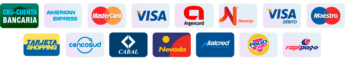 Formas de pago: Visa, MasterCard, PayPal, Pago Facil, Rapipago, Transferencia bancaria, débito